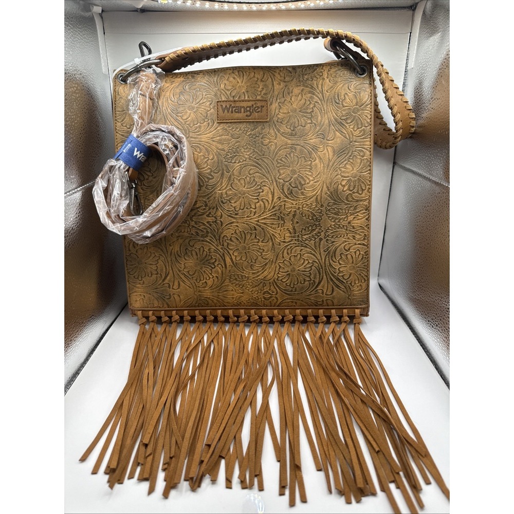 Wrangler Tooled Floral Fringe Crossbody Shoulder Satchel Bag – Brown